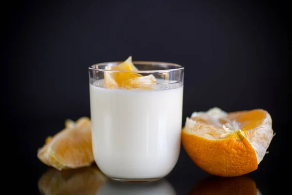 Homemade Sweet Yogurt Glass Oranges Isolated Black Background — Stock Photo, Image