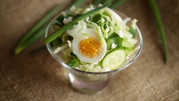 Ensalada de primavera con col temprana, pepinos, huevos y cebollas verdes — Vídeo de stock