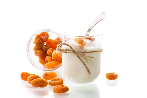 Homemade Sweet Yogurt Glass Dried Apricots Isolated White Background — Stock Photo, Image