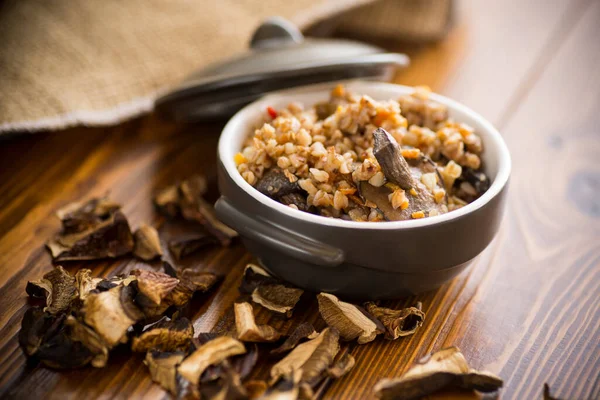 Boiled Buckwheat Organic Forest Dried Mushrooms Ceramic Bowl Wooden Table — Stock Photo, Image