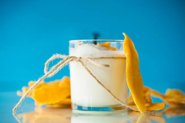 Homemade Sweet Yogurt Glass Mango Isolated Blue Background — Stock Photo, Image