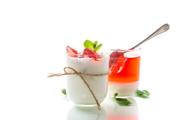 Yogurt Dulce Casero Con Trozos Gelatina Fruta Vaso —  Fotos de Stock