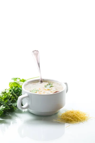 Cooked Hot Soup Noodles Vegetables Plate Isolated White Background — Stock Photo, Image