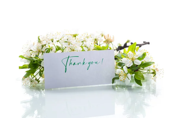 Dankeschön Karte Und Blühende Frühlingszweig Mit Blumen Isoliert Auf Weißem — Stockfoto