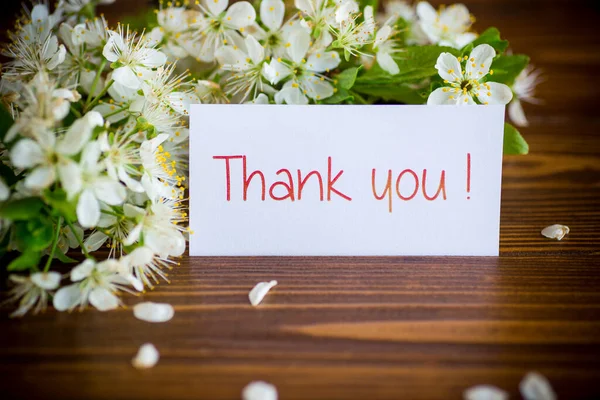 Thank You Card Blooming Spring Branch Flowers Wooden Background — Stock Photo, Image