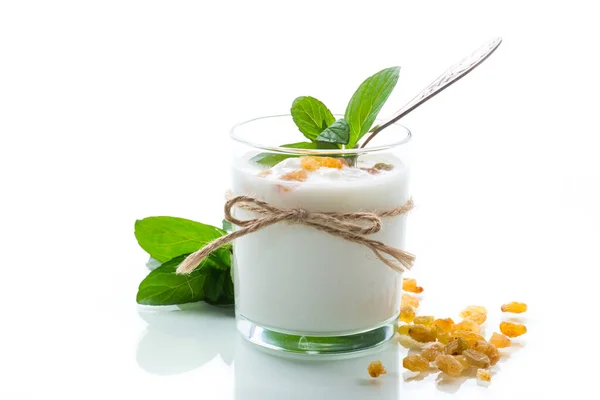 Sweet Homemade Yogurt Raisins Glass Isolated White Background — Stock Photo, Image