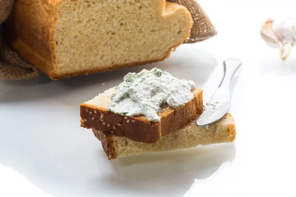 Homemade Salted Curd Spread Herbs Garlic Sandwich — Stock Photo, Image