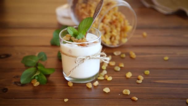 Yogurt casero dulce con pasas en un vaso — Vídeos de Stock