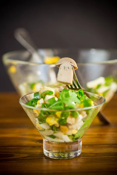 Fresh Spring Diet Salad Mushrooms Eggs Green Onions Wooden Table — Stock Photo, Image