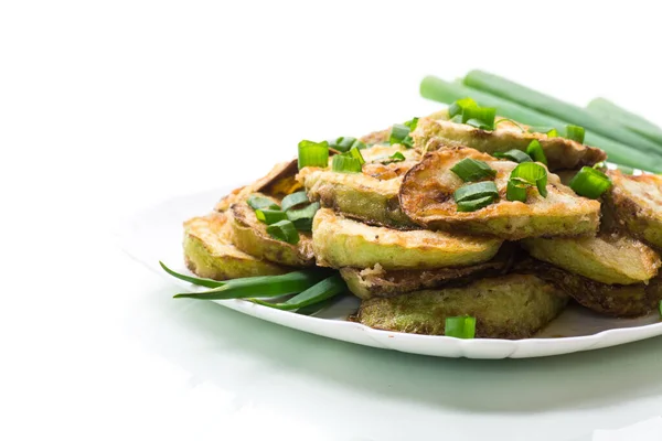 Fried Zucchini Circles Fresh Herbs Plate Isolated White Background — Stock Photo, Image