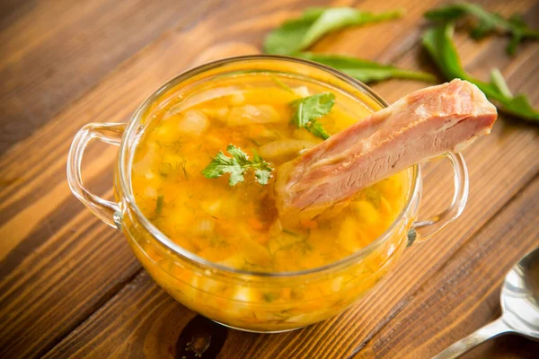 Cooked Pea Soup Ribs Smoked Plate Wooden Table — Stock Photo, Image