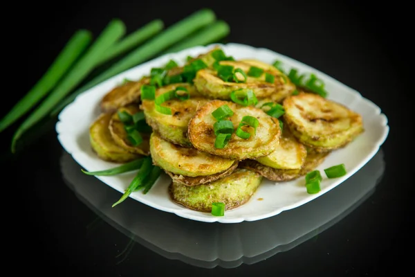 Fried Zucchini Circles Fresh Herbs Plate Black Background — Stock Photo, Image