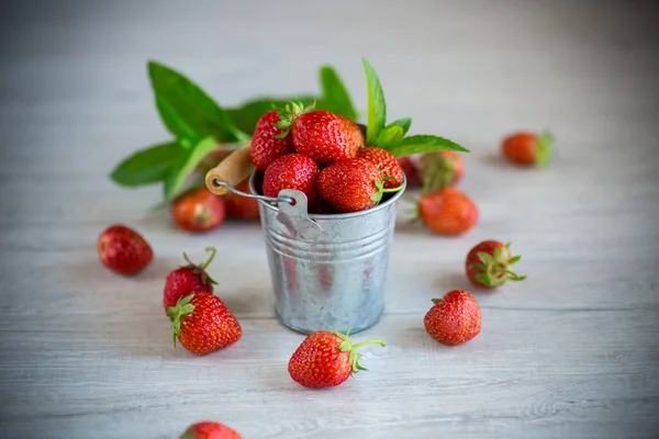 Colheita Morangos Naturais Maduros Vermelhos Uma Mesa Madeira — Fotografia de Stock