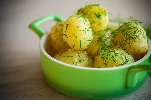 Ferveu Batatas Cedo Com Manteiga Endro Fresco Uma Tigela Uma — Fotografia de Stock