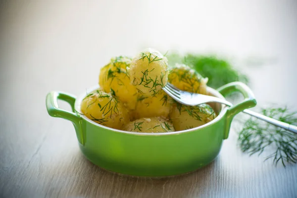 Boiled Early Potatoes Butter Fresh Dill Bowl Wooden Table — Stock Photo, Image