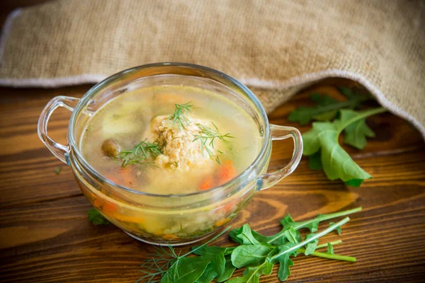 Fresh Hot Soup Chicken Meatballs Vegetables Plate Wooden Table — Stock Photo, Image