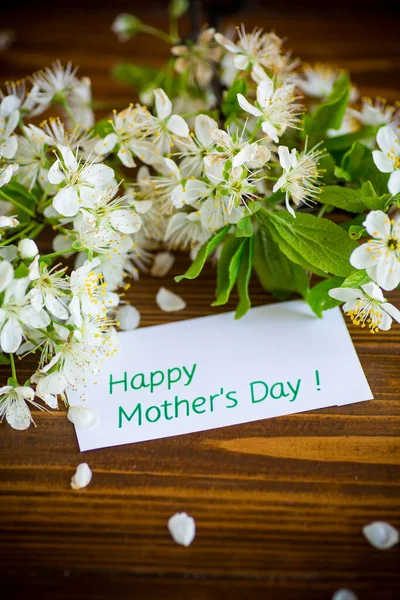 Wenskaart Voor Moeder Bloeiende Lentetak Met Bloemen Houten Achtergrond — Stockfoto