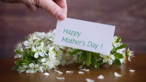 Carte de vœux pour la mère et la branche de printemps fleurie avec des fleurs — Video