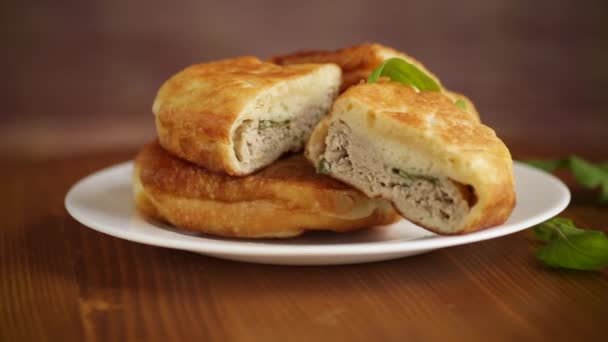 Tortas fritas com carne em uma chapa em um branco — Vídeo de Stock