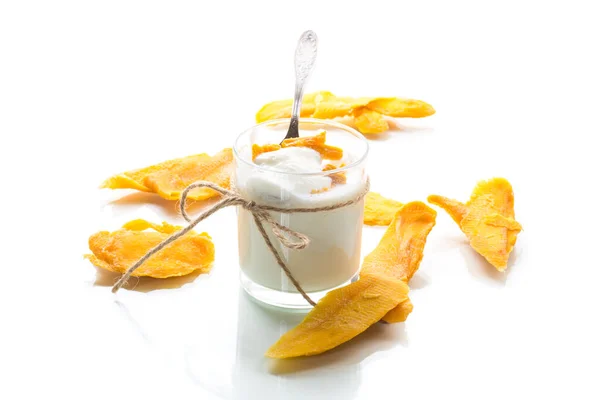 Homemade Sweet Yogurt Glass Mango Isolated White Background — Stock Photo, Image