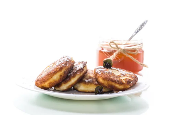 Sweet Fried Cottage Cheese Pancakes Plate Isolated White Background — Stock Photo, Image