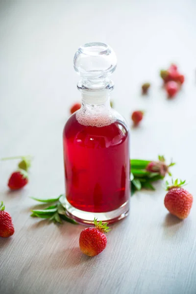 Sweet Cooked Strawberry Syrup Glass Decanter Wooden Table — Stock Photo, Image