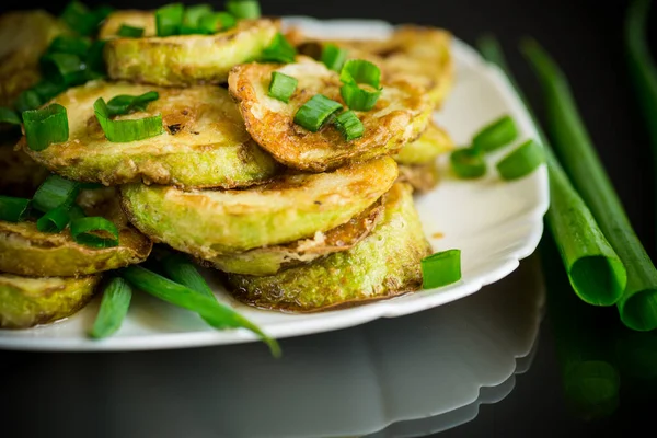 Fried Zucchini Circles Fresh Herbs Plate Black Background — Stock Photo, Image