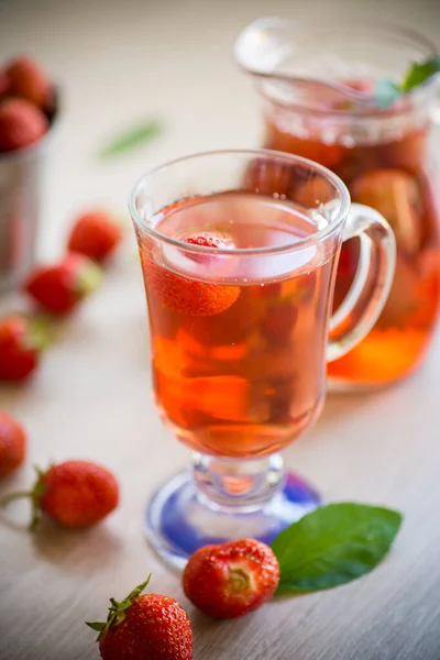 Sweet Refreshing Berry Compote Ripe Strawberries Decanter Wooden Table — Stock Photo, Image