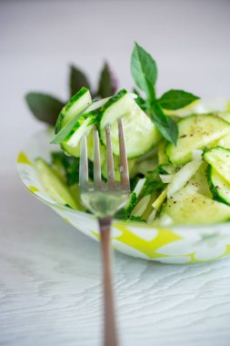 Masada taze organik salatalık, sebze ve fesleğen.