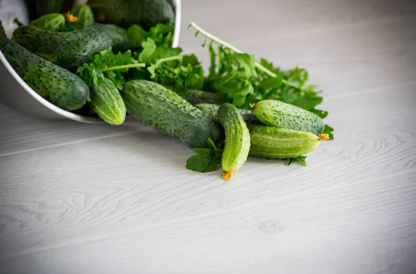 Frische Bio Gurken Mit Kräutern Auf Einem Holztisch — Stockfoto