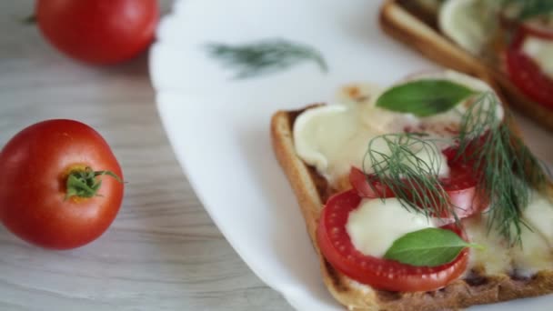 Tostadas fritas calientes con mozzarella y tomates en un plato — Vídeos de Stock