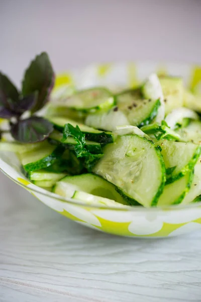 Frischer Bio Gurkensalat Mit Kräutern Und Basilikum Einem Teller Auf — Stockfoto