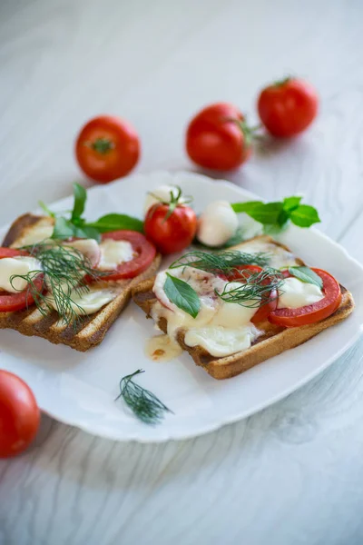 Fried Hot Toast Mozzarella Tomatoes Plate Wooden Table — Stock Photo, Image