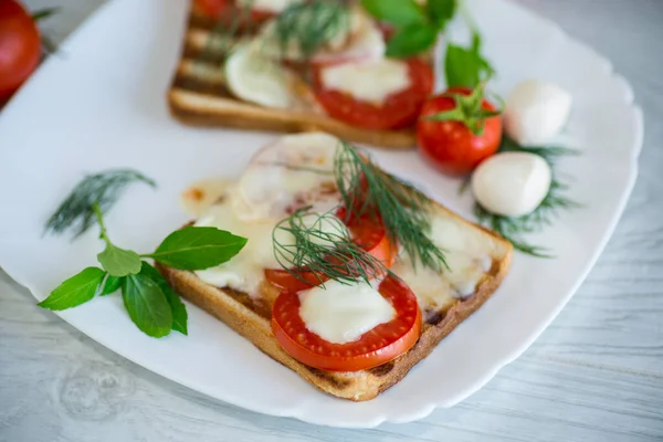 Sült Forró Pirítós Mozzarellával Paradicsommal Egy Tányéron Egy Asztalon — Stock Fotó