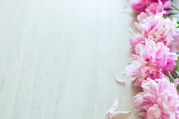 Varias Ramas Peonías Rosadas Florecientes Sobre Fondo Madera — Foto de Stock