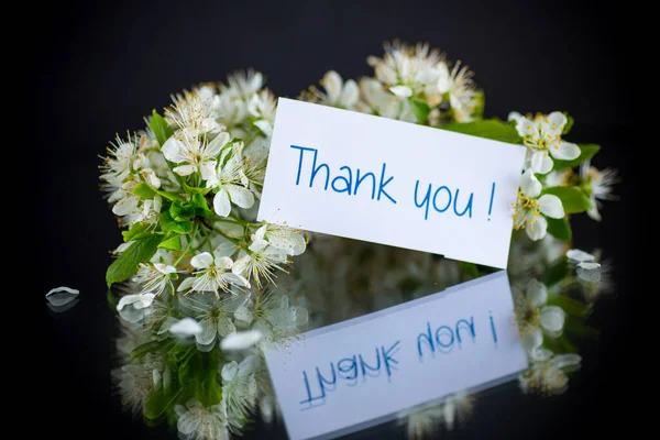 Thank You Card Blooming Spring Branch Flowers Isolated Black Background — Stock Photo, Image