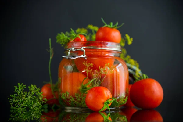 Fresh Natural Tomatoes Spices Prepared Conservation Isolated Black Background — Stock Photo, Image