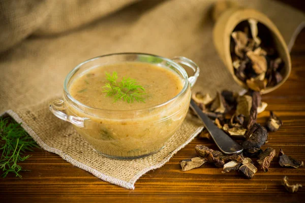 Hot Homemade Vegetable Vegetarian Soup Dried Mushrooms Glass Bowl Wooden — Stock Photo, Image