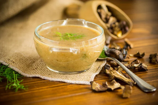 Hete Zelfgemaakte Groente Vegetarische Soep Met Gedroogde Champignons Een Glazen — Stockfoto
