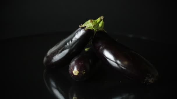 Frische reife Auberginen isoliert auf schwarzem Hintergrund — Stockvideo