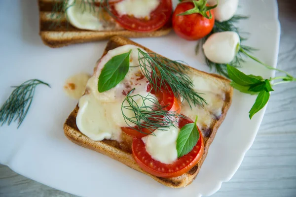 Sült Forró Pirítós Mozzarellával Paradicsommal Egy Tányéron Egy Asztalon — Stock Fotó