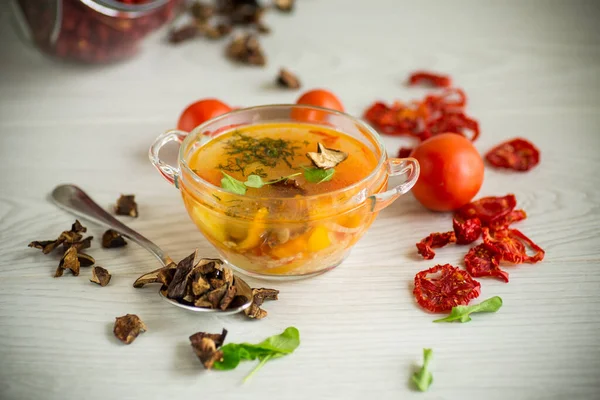 Vegetable soup with dried mushrooms, dried tomatoes — Stock Photo, Image