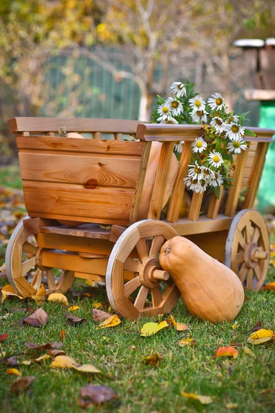 Harvest pumpkins in a wooden cart — Stock Photo, Image