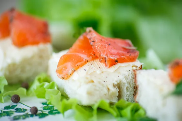 Bread with cheese and salted salmon — Stock Photo, Image