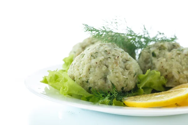 Meatballs steam fish with greens — Stock Photo, Image