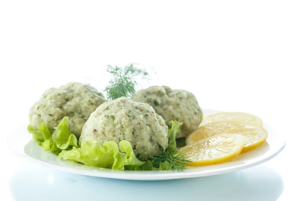 Meatballs steam fish with greens — Stock Photo, Image