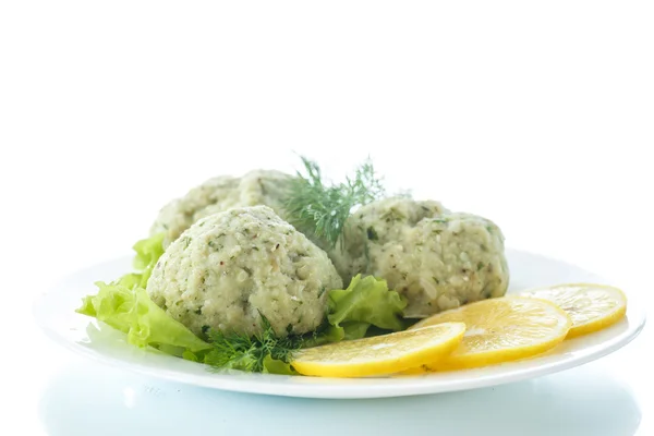 Meatballs steam fish with greens — Stock Photo, Image