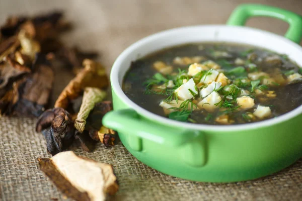 Sorrel soup with dried mushrooms — Stock Photo, Image