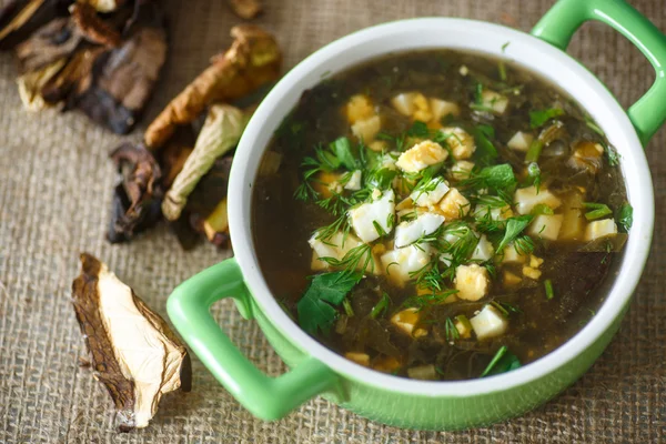 Sorrel soup with dried mushrooms — Stock Photo, Image