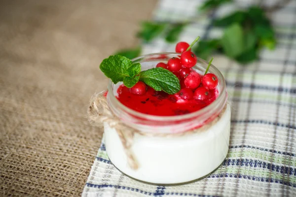 Sladký jogurt s džemem a červený rybíz — Stock fotografie